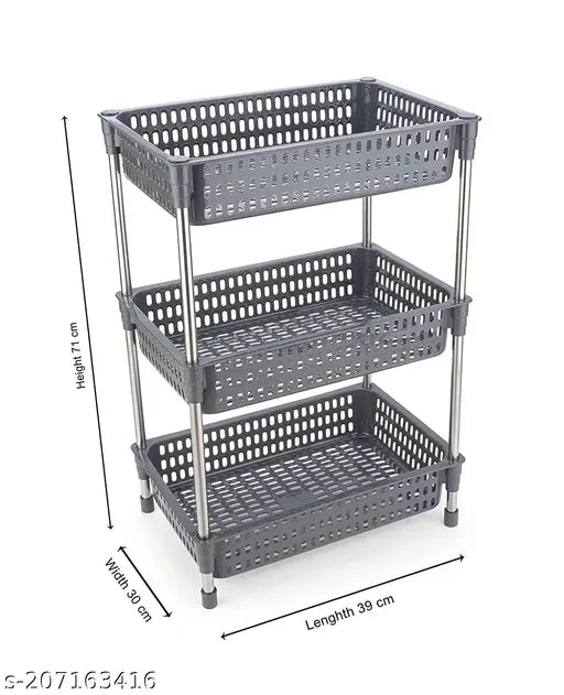 Gray plastic and stainless steel 3-layer fruit and vegetable rack with shelf insets