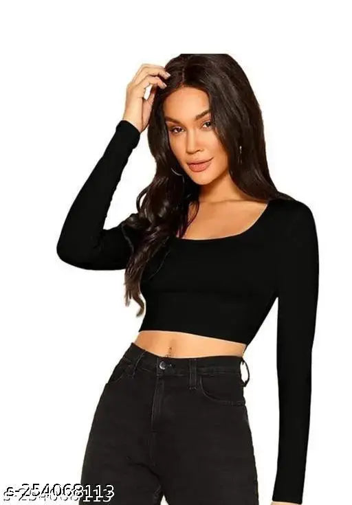 Solid black cotton blend long-sleeved crop top for women, perfect for any occasion. Made in India