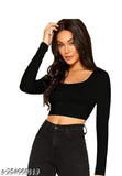 Solid black cotton blend long-sleeved crop top for women, perfect for any occasion. Made in India