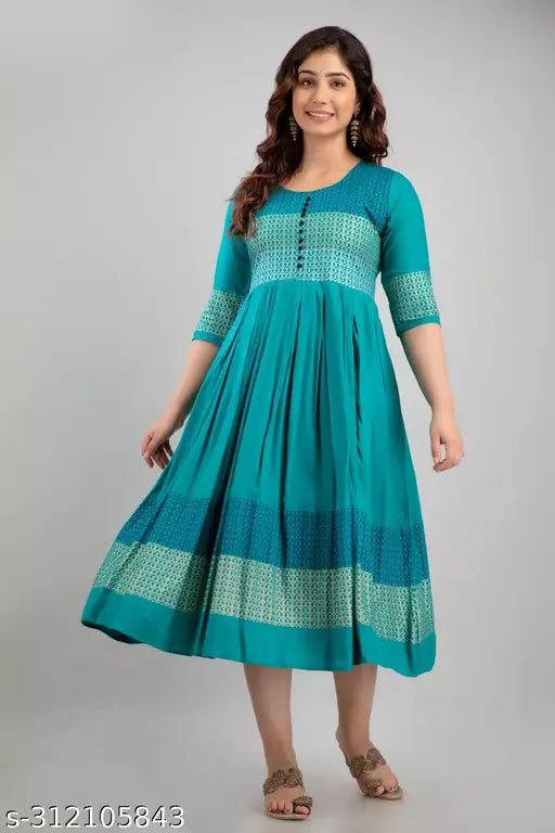 Rayon printed Mayra Anarkali Kurti, trendy three-quarter sleeve, flared hemline, casual ethnic wear, Indian prints, lightweight rayon fabric