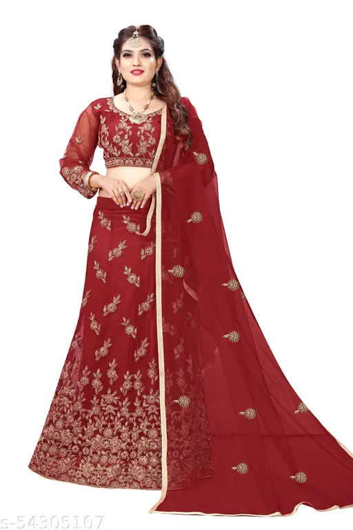 Maroon-gold glitter cord embellished free size Suvarna Lehenga Choli and Dupatta, Indian designer net fabric