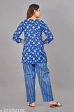 Blue night suit, cotton pyjamas with three-quarter sleeves and printed net pattern. Two sizes available: M (38in bust, 28in top length, 30in waist, 40in hip, 38in bottom length) & XXL (44in bust, 31in top length, 36in waist, 46in hip, 41in bottom length). Made in India