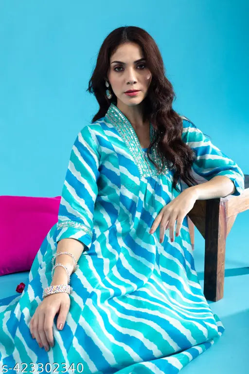 Ethnic women's cotton lahariya print kurti and palazzos set, three-quarter sleeves, dyed/washed net, single size available