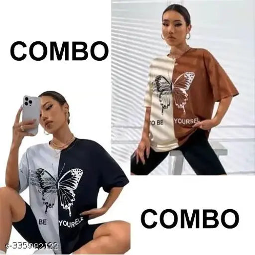Women's trendy oversized longline drop shoulder t-shirt with round neck in pack of 2, featuring butterfly print on a casual printed background