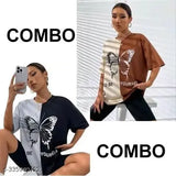 Women's trendy oversized longline drop shoulder t-shirt with round neck in pack of 2, featuring butterfly print on a casual printed background