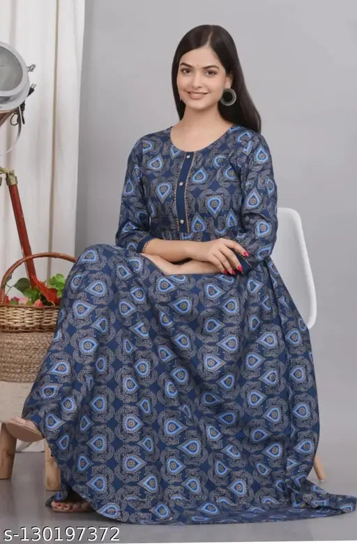 Royal blue patterned kameez with flared sleeves