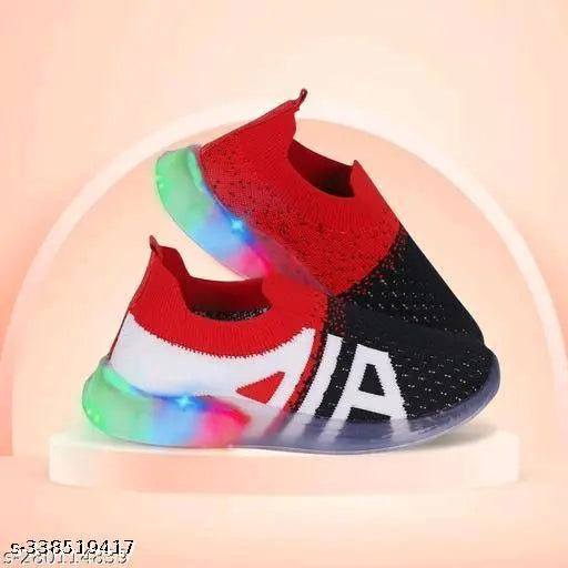 Kids stylish red and black sneakers with LED lights