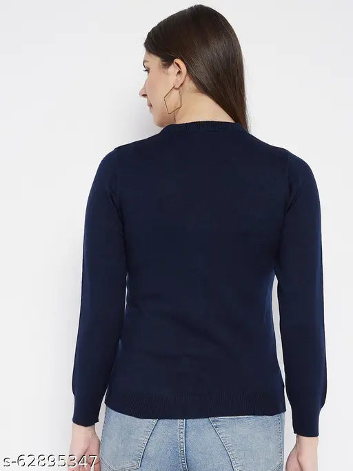 Wool navy blue women's v-neck sweater with long sleeves, solid pattern by Zigo, M, L, XL, XXL sizes available