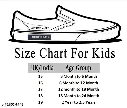 Size Chart for Kids ChuChu Sound Musical First Walking Shoes in Blue, age range 1-12, available in kids' sizes