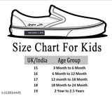 Size Chart for Kids ChuChu Sound Musical First Walking Shoes in Blue, age range 1-12, available in kids' sizes