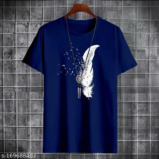Cotton half-sleeve printed t-shirts for men, feather pattern, India origin
