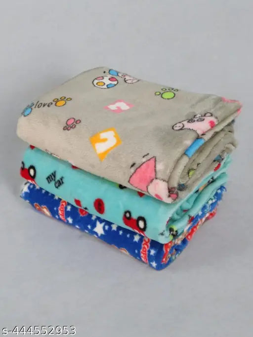 Lightweight microfiber baby blanket set, three soft cartoon-themed AC blankets for comfortable sleep, India origin