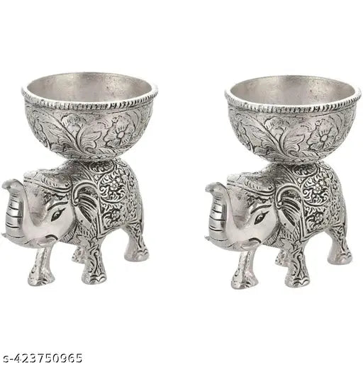 Golden metal elephant bowl set, featuring 2 dry fruit-laden idols for home decorative showpiece, Indian origin, size: 13x13x9cm