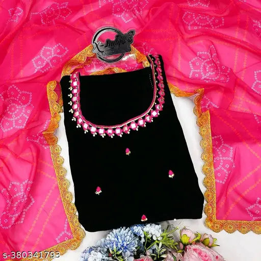 Black bandhni dupatta, embellished Georgette maxi dress with mirror work and stone detailing, perfect for casual dressing. Made in India, 52" length, sizes S-36 to XXL-44