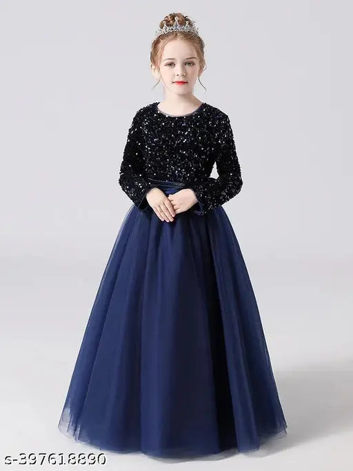 Long-sleeved net kids dress, solid pattern for formal wear, exquisite embroidery by Gulnaz Fashion. India