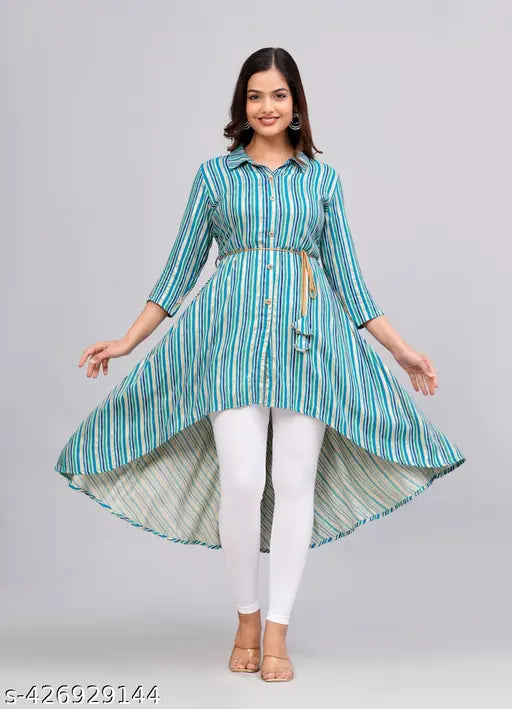 Striped three-quarter sleeve rayon party top, women's festival fashion from India