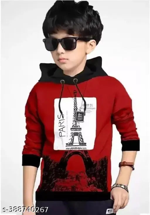 Kids hooded printed T-shirt, cotton blend, long sleeves, Paris print, unisex size options from 2-14 years, Indian origin