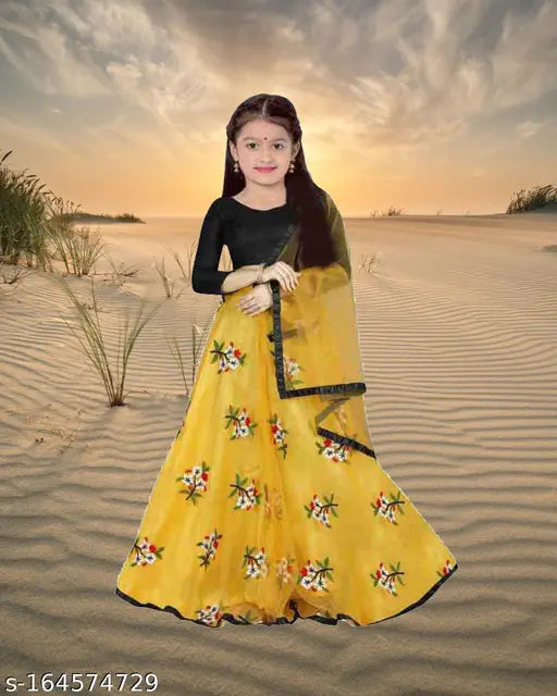 Silk and net semi-stitched Lehenga Choli with long sleeves, free size for girls aged 3-15 years, Indian wedding wear