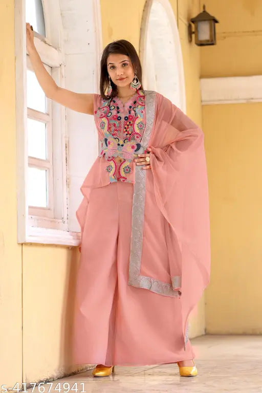 New Georgette Koti Suit set with embroidered net palazzos - fancy wedding party wear from India
