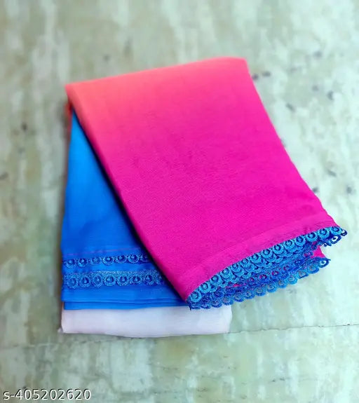 Pink, blue, and red patterned georgette saree with matching pallu