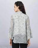 Grey printed georgette bell sleeves top for women, size S-XXL, Indian origin