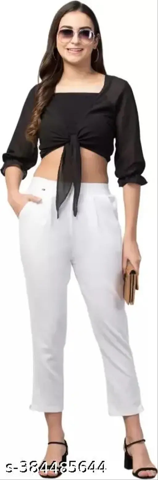 White cotton blend women's regular fit trousers, solid pattern, breathable comfort for casual chic style