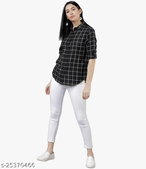 Cotton blend, self-design Western check shirt for women with three-quarter sleeves, dark wash denim jacket in premium quality fabric, close-up view of regular collar and button closure. Made in India