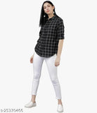 Cotton blend, self-design Western check shirt for women with three-quarter sleeves, dark wash denim jacket in premium quality fabric, close-up view of regular collar and button closure. Made in India