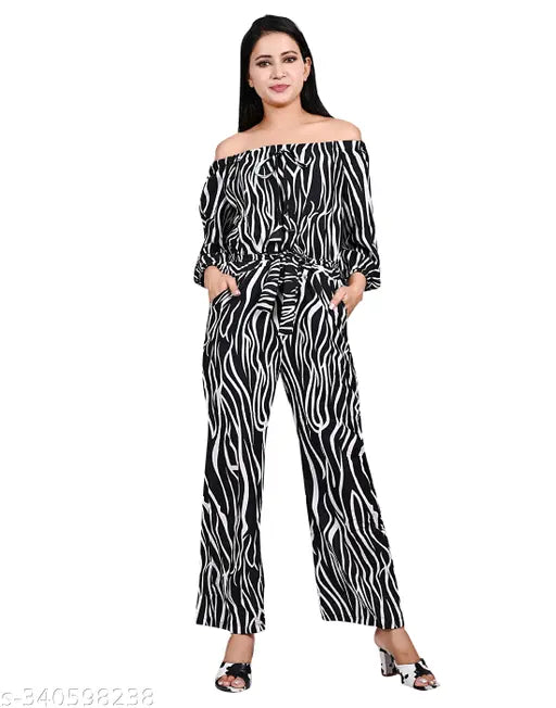 BC Women's Animal print Elastic Off-shoulder Long Jumpsuit, Crepe fabric, Three-Quarter sleeves - Made in India