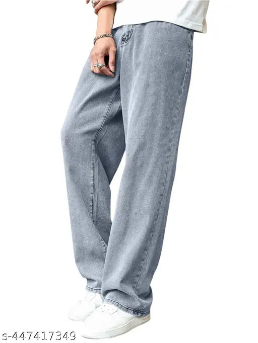 Grey washed denim jeans, men's regular loose baggy fit