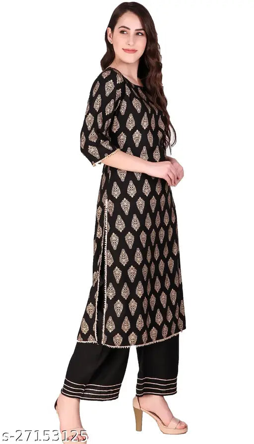 Golden printed black cotton blend Kurta Palazzo set for women, three-quarter sleeves with matching bottomwear