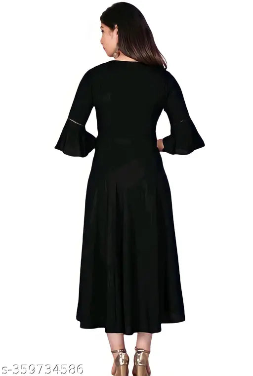 Black rayon Anarkali kurti with gown flare, trendy three-quarter sleeve design for women's casual wear
