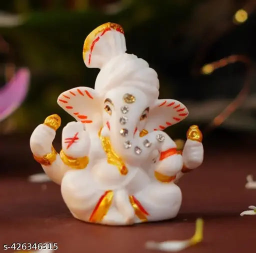 White Polyresin Pagri Ganesh Ji Murti, ideal for car dashboard, home temple, office desk, or pooja room. Dimensions: 2.5" H x 2.5" W x 1.5" D, weight: 70g. Perfect festival gifting option from India