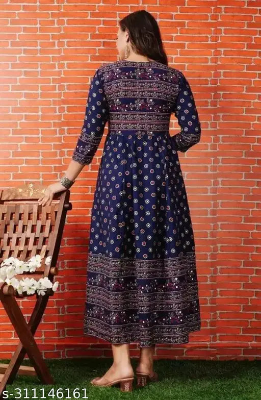 Blue rayon anarkali kurti with three-quarter sleeves and printed combo, women's fashion from Jaipur, India