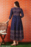 Blue rayon anarkali kurti with three-quarter sleeves and printed combo, women's fashion from Jaipur, India