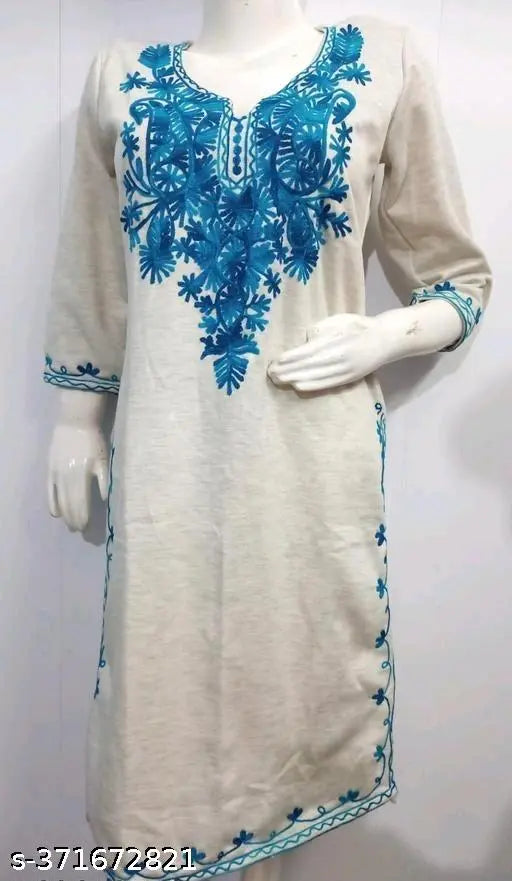 Beige woolen embroidered kameez with blue paisley pattern, long sleeves
