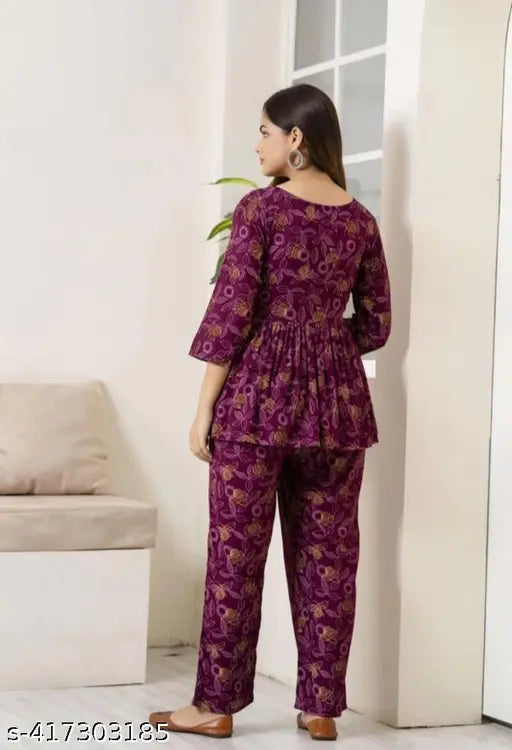 Wine premium rayon printed top & pant coord set, trendy pocket, comfy & graceful for women's loungewear (rayon fabric)