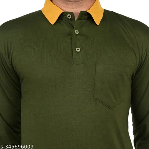 Multi-colored cotton blend men's full sleeve T-shirt with contrast collar & pocket, perfect for casual wear (M2XL)