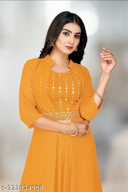 Georgette ethnic motifs embroidered top with palazzos & shrug, three-quarter sleeves, Indian handcrafted embroidery gotapatti