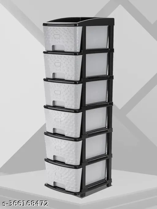 Grey metal storage drawer unit system for saree, kids clothes, toys, books, files, shoes, shocks. 6 compartment organizer with pull-out shelves and transparent dividers