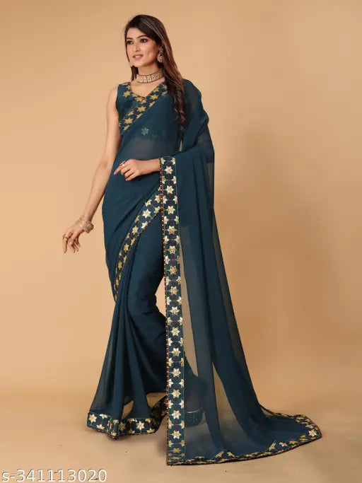 Dark blue Georgette saree with matching blouse and embroidered lace detailing