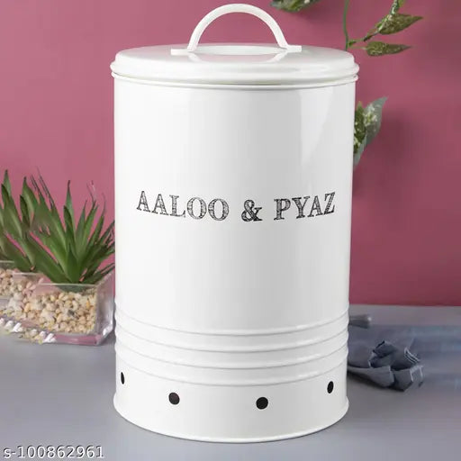 A white metal storage jar
