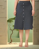 Designer denim cotton blend A-line knee length skirt, embellished net pattern for women, available in sizes 26-34 (India origin)