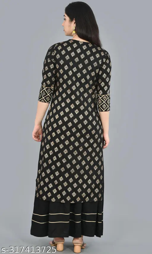 Long black kurta with gold print and straight cut