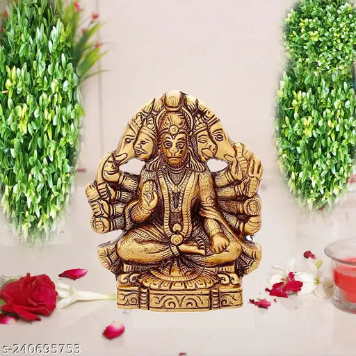 Golden, handcrafted Panchmukhi Hanuman Ji statue for pooja and home decor. Traditional white metal with antique finish." (106 characters)