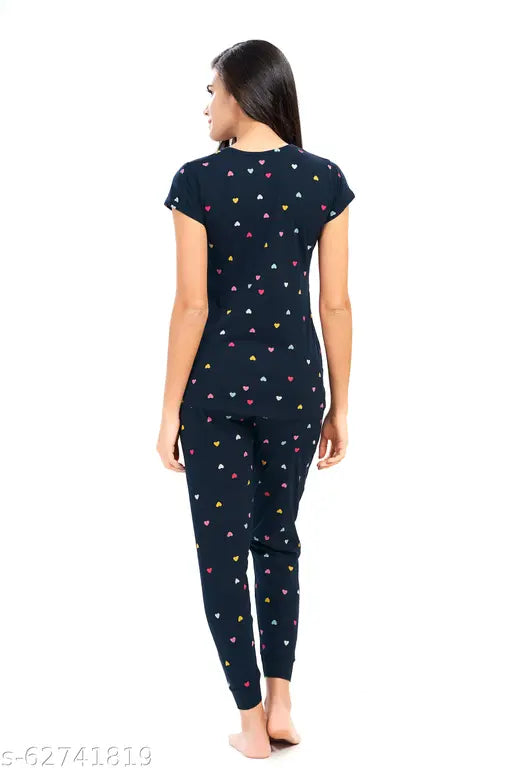 Navy blue multi heart print cotton women's pyjama nightsuit set, flattering cuts and vibrant prints for comfortable loungewear