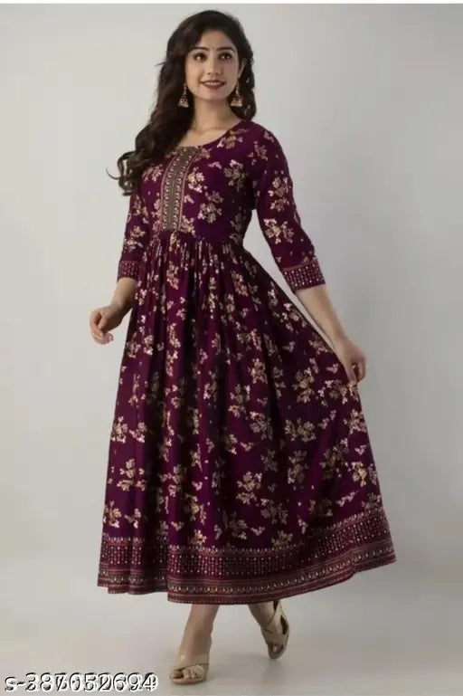 New Krishna anarkali wine rayon dress, three-quarter sleeves, printed combo, vibrant Indian fashion on mannequin
