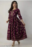 New Krishna anarkali wine rayon dress, three-quarter sleeves, printed combo, vibrant Indian fashion on mannequin