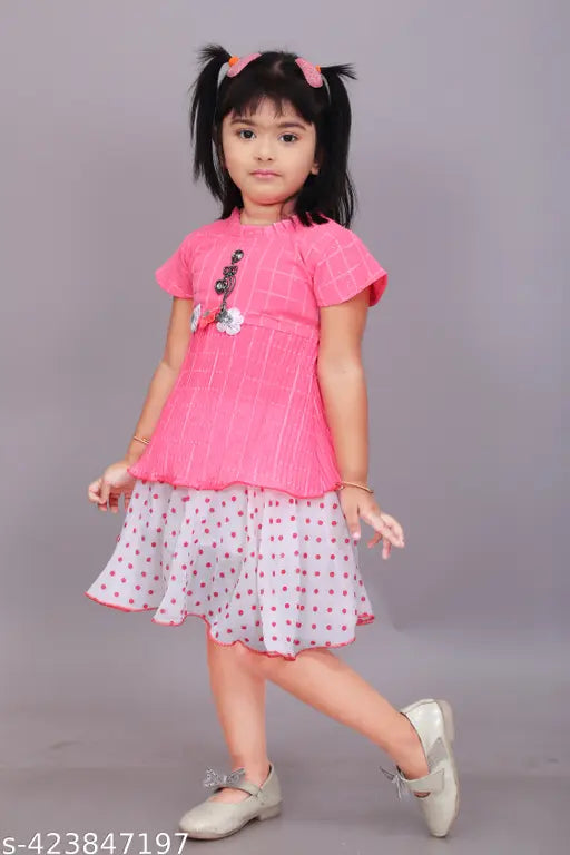 Cute cotton blend printed dress set for girls, solid top with three-quarter sleeves and patterned bottom, sizes range from 6-9 months to 8-9 years