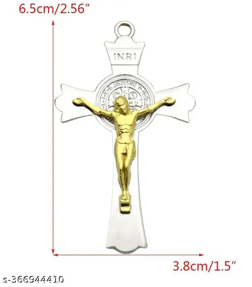 Metal Saint Benedict Crucifix Showpiece, 8cm (Silver-Gold), ideal for cars or home decor